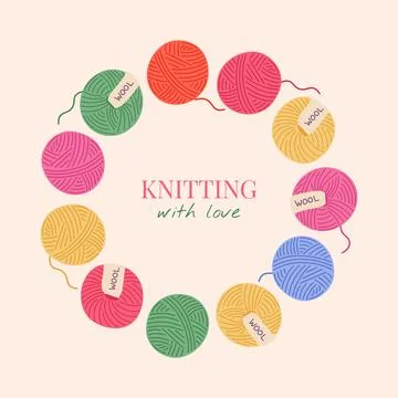 Yarn balls circular border frame. Knitting wreath vector illustration with Illustrazione stock