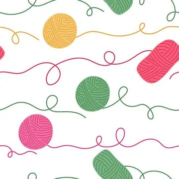 Yarn balls seamless pattern vector illustration. Colorful skeins and balls of Stock Illustration