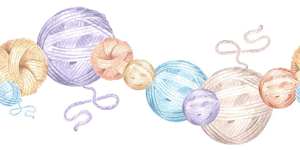 Yarn balls Tangles of wool or cotton. Seamless border for hobby knitting. Hand Illustrazione stock