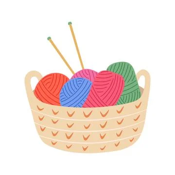Yarn basket vector illustration. Crocheted woven basket with colorful balls of Ilustração Stock