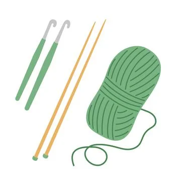 Yarn crafts vector illustration set. Knitting needles, crochet hooks and yarn Illustrazione stock