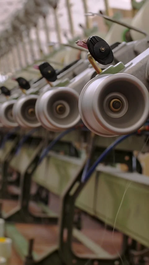 Yarn making processes. Textile factory equipment. Spinning production. Threads Stock Footage 319655473