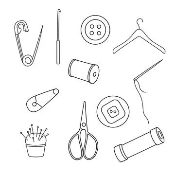 Yarn, scissors, threads line vector icon collection isolated on white Stock Illustration