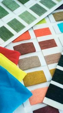 Yarn thread and knit sample color card Stock Photos