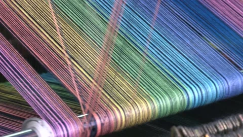 Yarn thread lines on the weaving loom machine for clothing in textile factory. Video stock 150508339