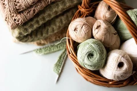 Yarn threads in the basket Stock Photos
