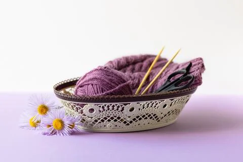 Yarn threads in the basket Stock Photos