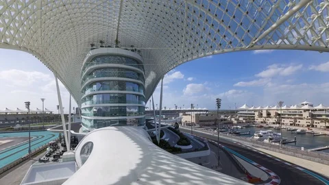 Yas Marina Hotel and Formula 1 race track, Yas Island, Abu Dhabi, United Arab Stock Footage