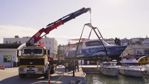 Yatch pulling up with a crane. Stock Footage 142759356