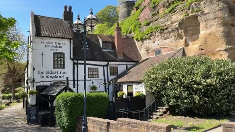 Ye Olde Trip to Jerusalem Nottingham Oldest Pub by Nottingham Castle, England Stock Footage 334314178