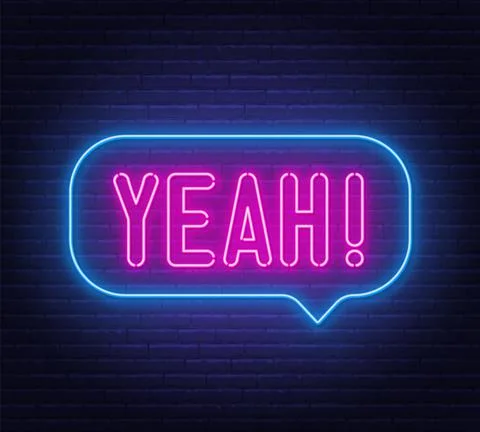 Yeah neon sign in the speech bubble on brick wall background. Stock Illustration