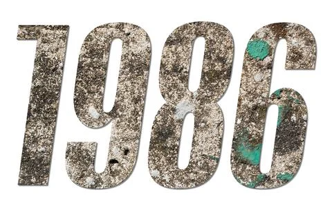 Year 1986 with old concrete wall on white background Stock Photos