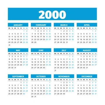 Year 2000 calendar template with Monday week start Illustrazione stock