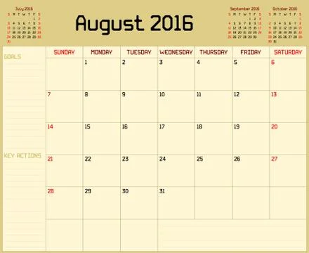Year 2016 August Planner Stock Illustration