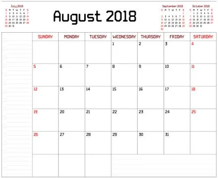 Year 2018 August Planner Stock Illustration