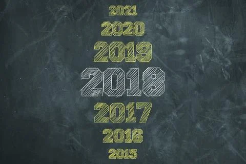 Year 2018 highlighted in chalk among a column of years on blackboard Stock-Illustration