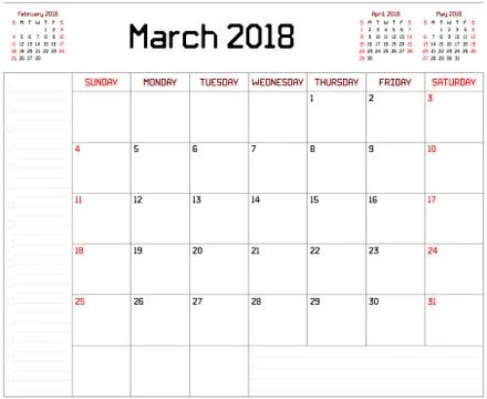 Year 2018 March Planner Stock Illustration