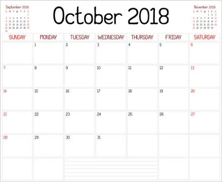 Year 2018 October Planner Stock Illustration