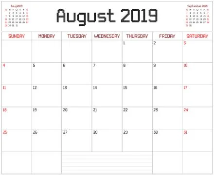 Year 2019 August Planner Stock Illustration