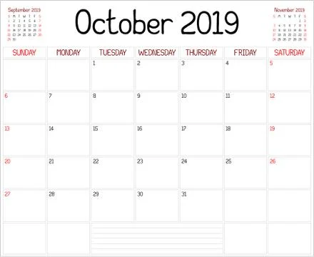 Year 2019 October Planner Stock Illustration