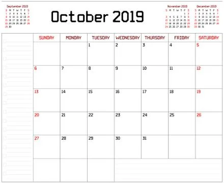 Year 2019 October Planner Stock Illustration