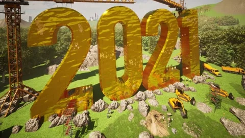 Year 2021 Title construction 3D Rendering with workers and heavy duty equipment  Stock Footage 146200216