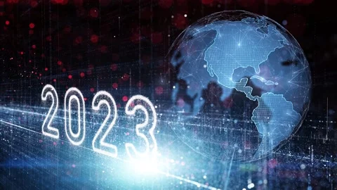 Year 2023 on a digital cyberspace network with earth globe backround Stock Footage 341153903