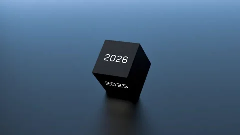 Year 2025-2026, luminous neon numerals on cube, goal, plan,animation.3D render. Stock Footage 311123771