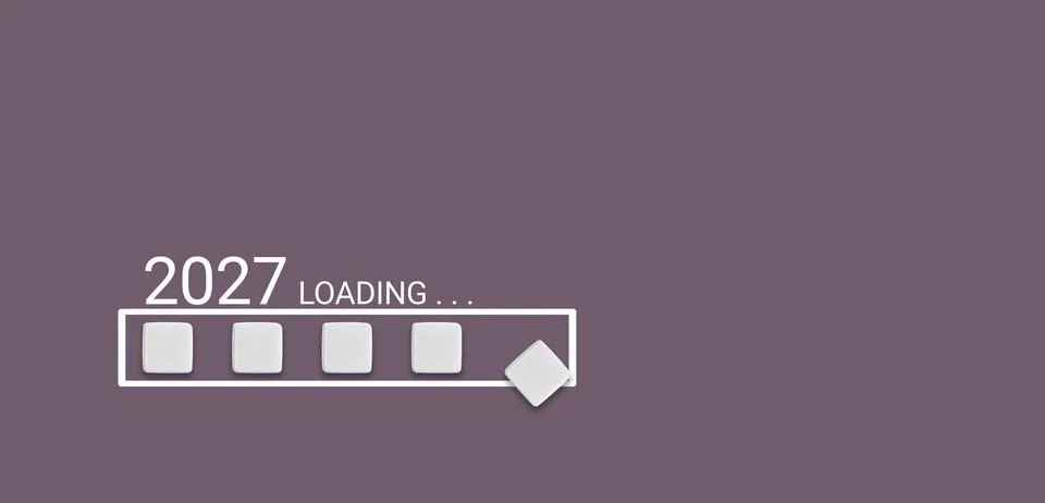 Year 2027 loading progress bar with cubes on Purple canvas background for h.. Stock Photos