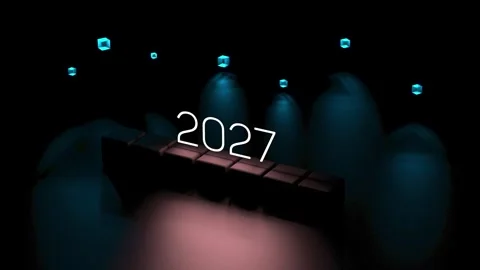 The year 2027 on neon-lit cubes. 2027 illuminated number animation. 3D render. Stock Footage 336256053