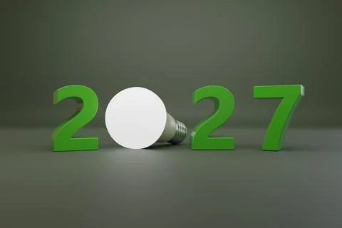 Year 2027 in three dimensions with led light bulb. New year concept. 3d ill.. Stock Illustration