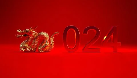 Year of the dragon 2024 3d text isolated on red background, Chinese New Year Stock Illustration