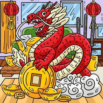 Year of the Dragon Cloud Coin Base Colored Cartoon Illustrazione stock