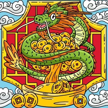 Year of the Dragon Coin Tree Colored Cartoon Stock Illustration