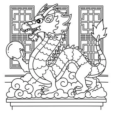 Year of the Dragon Statue Holding an Orb Coloring Stock Illustration