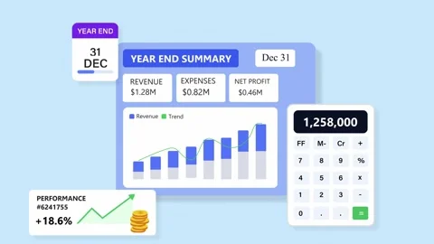 Year-End Summary Financial Dashboard with Calculator and Charts animation 4k. Stock Footage 345969661
