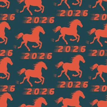 Year of the horse 2026 pattern featuring galloping silhouettes and numeric .. Stock Illustration