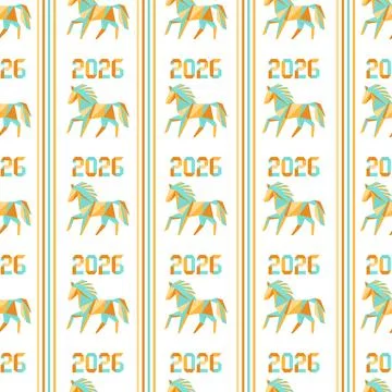 Year of the horse 2026 pattern featuring geometric horses and numbers on wh.. Stock Illustration