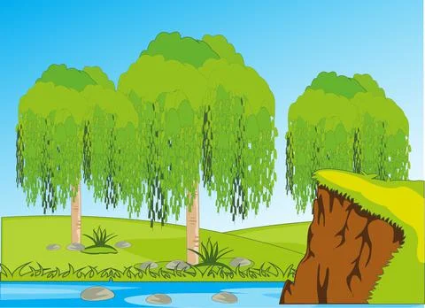 Year landscape with river and tree ashore Illustrazione stock