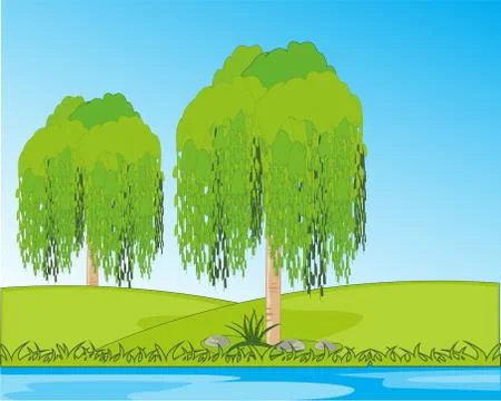 Year landscape tree osier ashore calm yard Stock Illustration