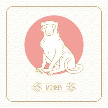 Year monkey Chinese horoscope vector line art and pattern on white background. Stock Illustration