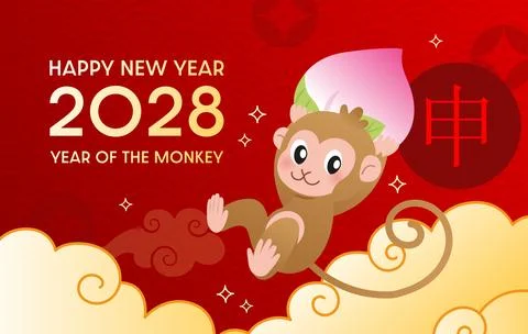 Year of the monkey illustration of macaque with a peach Illustrazione stock