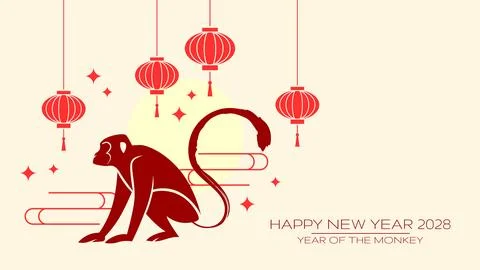 Year of the monkey profile silhouette with hanging lanterns decorations Ilustración de archivo