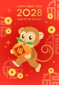 Year of the Monkey vector illustration with cute macaque holding a tangerine Stock Illustration