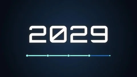 Year odometer rolling from 2026 to 2030 with a progress bar, dark blue Video stock 348136325