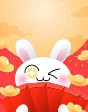 Year of the rabbit with red envelopes greeting card Stock Illustration