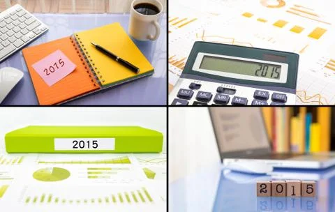 Year resolutions 2015 work planning, collage set, business collection theme Stock Photos