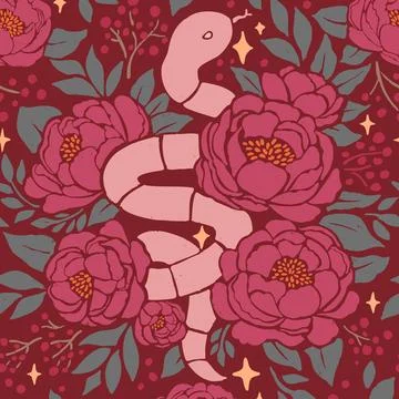 Year of Snake with Peonies Vector seamless pattern Chinese New Year Illustrazione stock