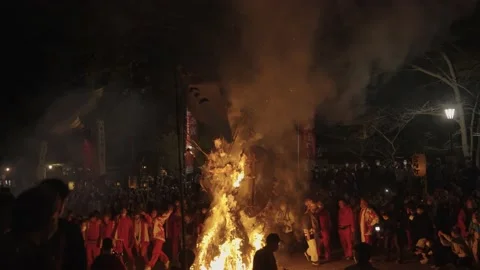 Year of Tiger Float Erupts into Flames at Sagicho Matsuri Dance Video stock 176360795