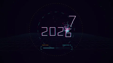 Year transition countdown 2026 to 2027 digital interface on dark grid backg.. 库存影片 344685179